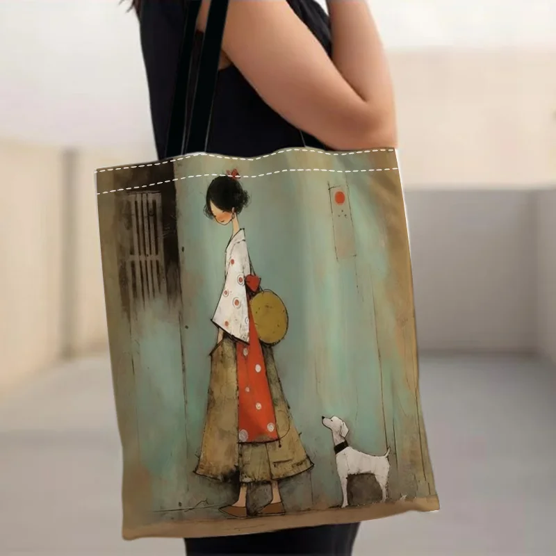 1pc Watchdog Behind A Woman Tote Bag Foldable Bag, Large Capacity Reusable Shopping Bag Shoulder Strap Pouch Women's Handbag
