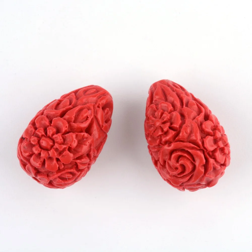 5pcs Carved Flower Cinnabar Beads teardrop FireBrick 20.5x13.5x13.5mm Hole: 2mm