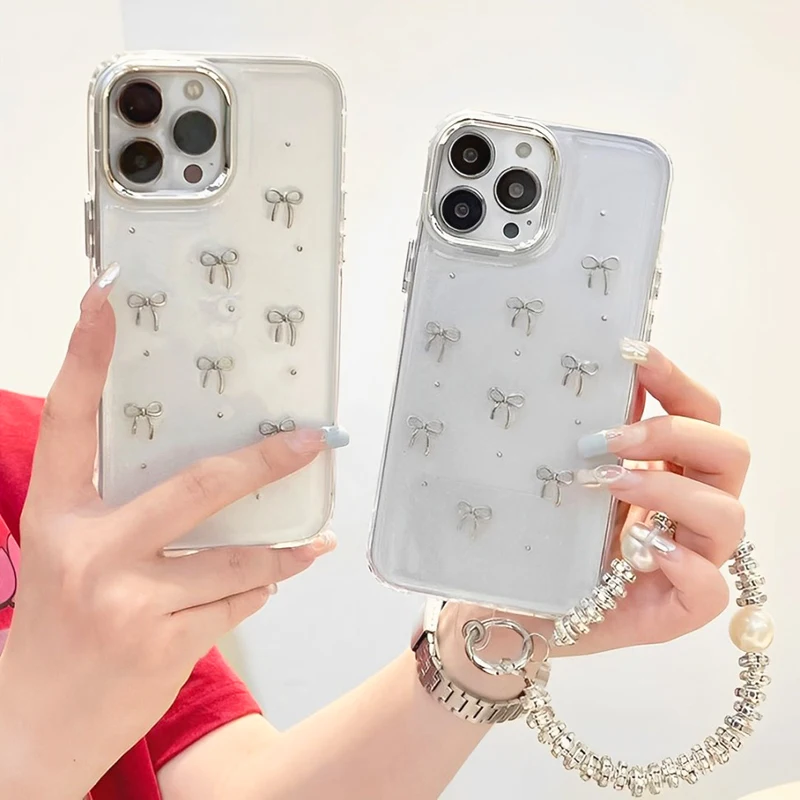 Transparent Stereoscopic Metal Bow Mobile Phone Case for IPhone 15 Plus 15 Pro Max Shockproof Bowknot Soft Clear for IPhone 15