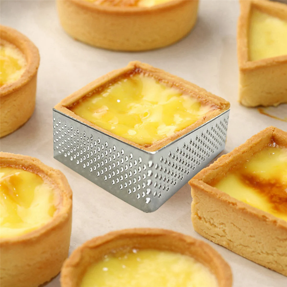 Perforated Tart Ring Stainless Steel Tartlet Molds Square Shape Mould Cake Circle French Pastry Baking Tool, 25 Pack