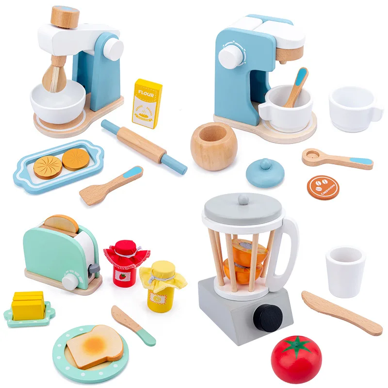 Kids Wooden Pretend Play Sets Simulation Toasters Bread Maker Coffee Machine Blender Baking Kit Game Mixer Kitchen Role Toys