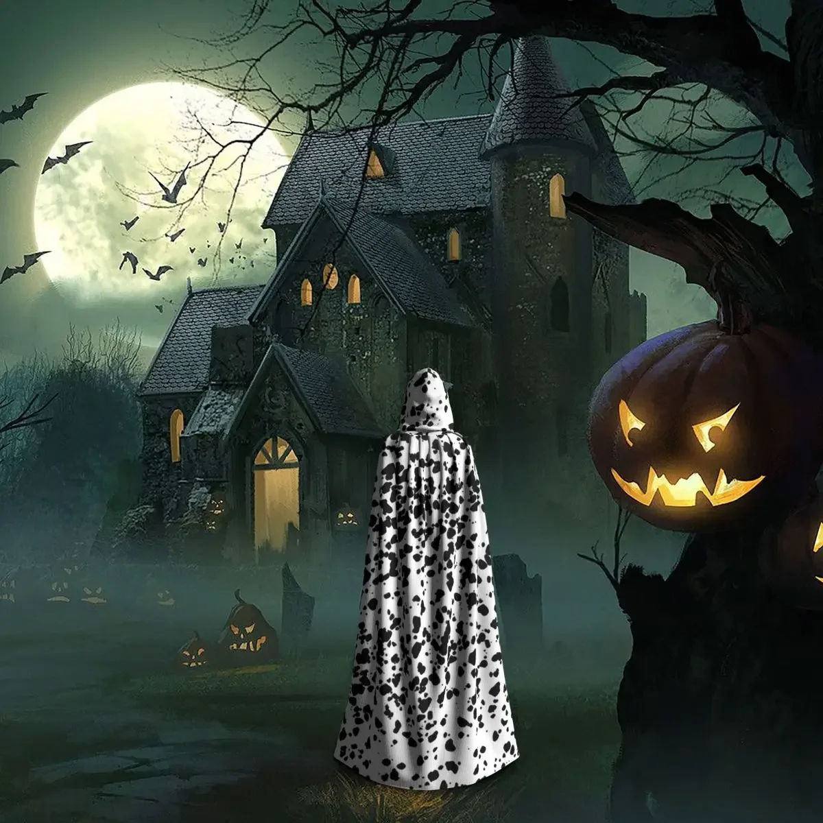 Custom Dalmatian Dog Texture Long Hooded Cloak Witch Medieval Costume Cosplay Cape HalloweenCoat Adult Unisex image 6