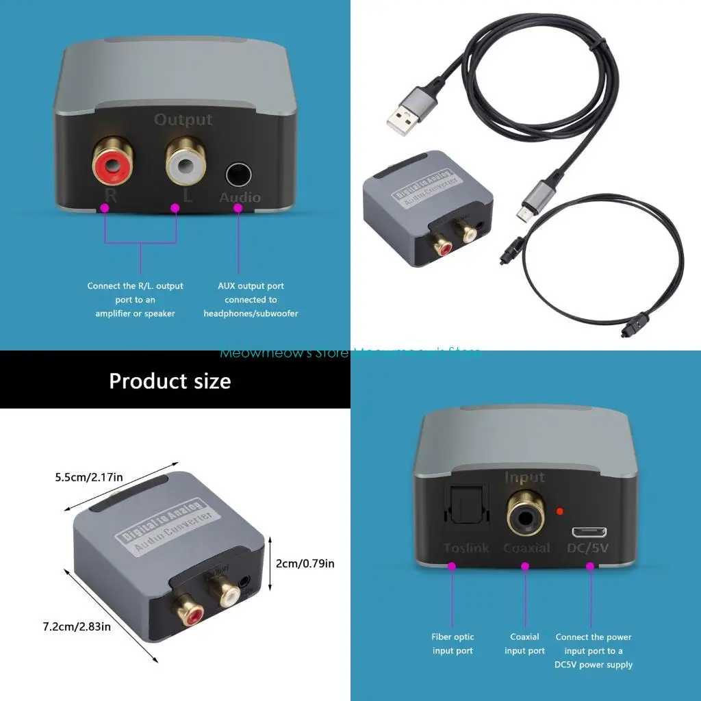 W91A Digital to Analog Sound Converter Digital Optical to 3.5mm Decoding Receiver Cable for Home Office Accessories