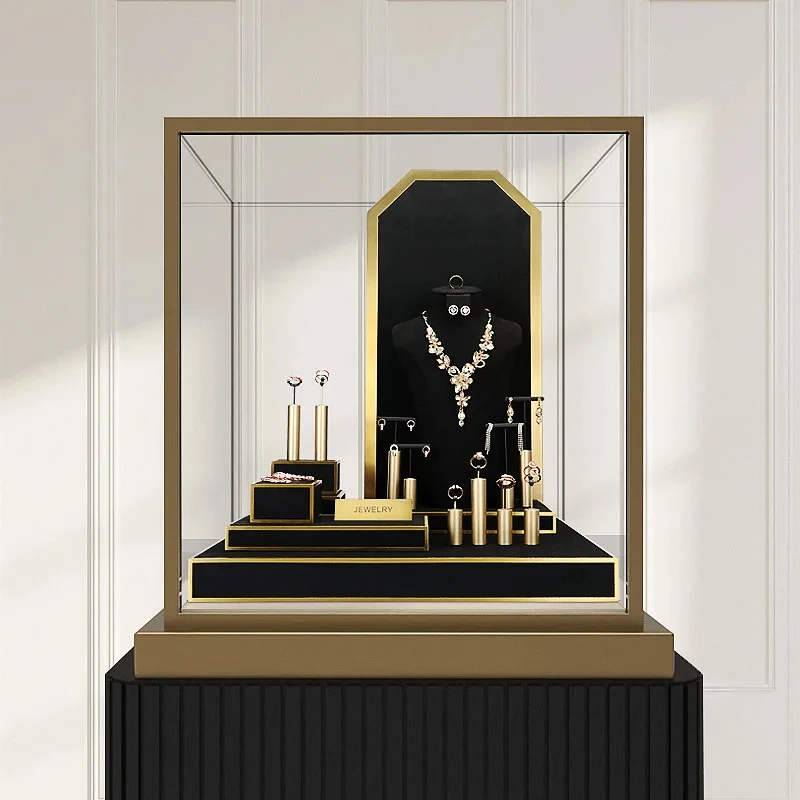 حامل عرض المجوهرات، ضوء نافذة من الألياف الدقيقة السوداء، قلادة فاخرة، أقراط، خاتم، دعائم عرض المجوهرات، رف مجوهرات راقي #2