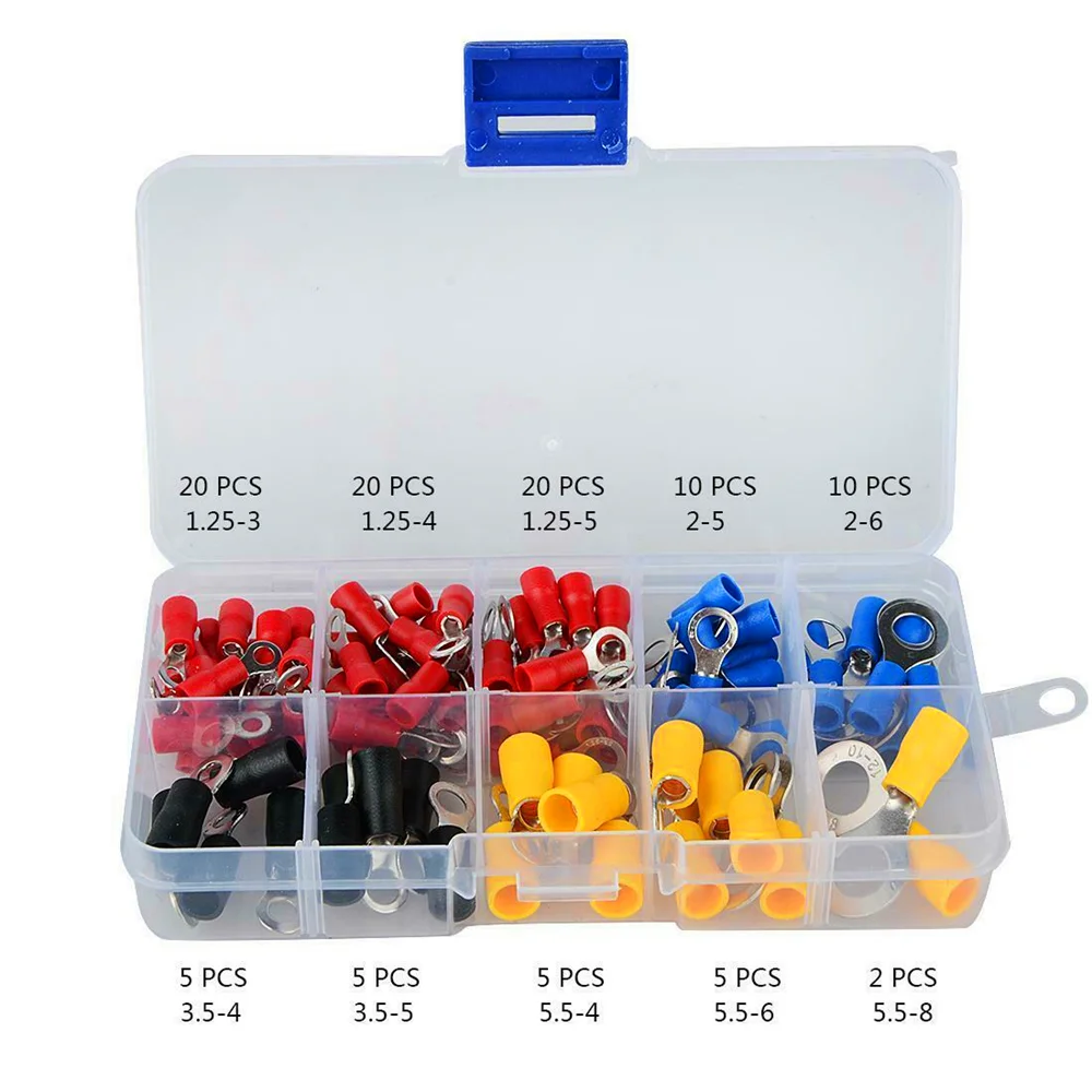 (102PCS 10Kinds RV) Ring Terminal Electrical Crimp Connector Kit Set With Storage Box, Tinned Copper Wire Insulated Cord Pin End