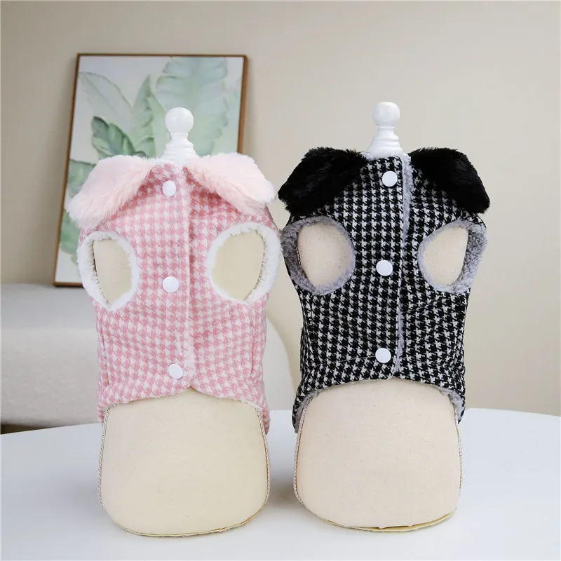 Luxury Sleeveless Dog Coat for Small Dogs,Plaid Thick Pet Dog Clothes,Fur Collar Costumes,Cat Vest,Jacket Coats,Dachshund,Winter