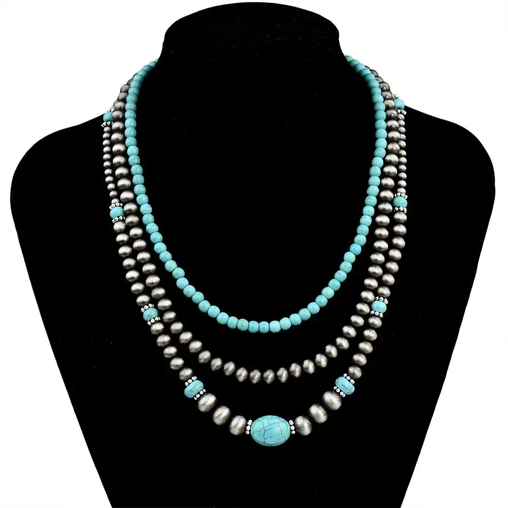 European and American retro ethnic style turquoise necklace earring set for female niche design, ancient silver bead autumn and