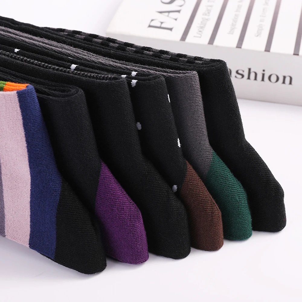 6 Pairs New Hot Fashion Simple Large Size Men Dress Socks High Quality Rainbow Stripe Business Black Cotton Socks Size EU41-48