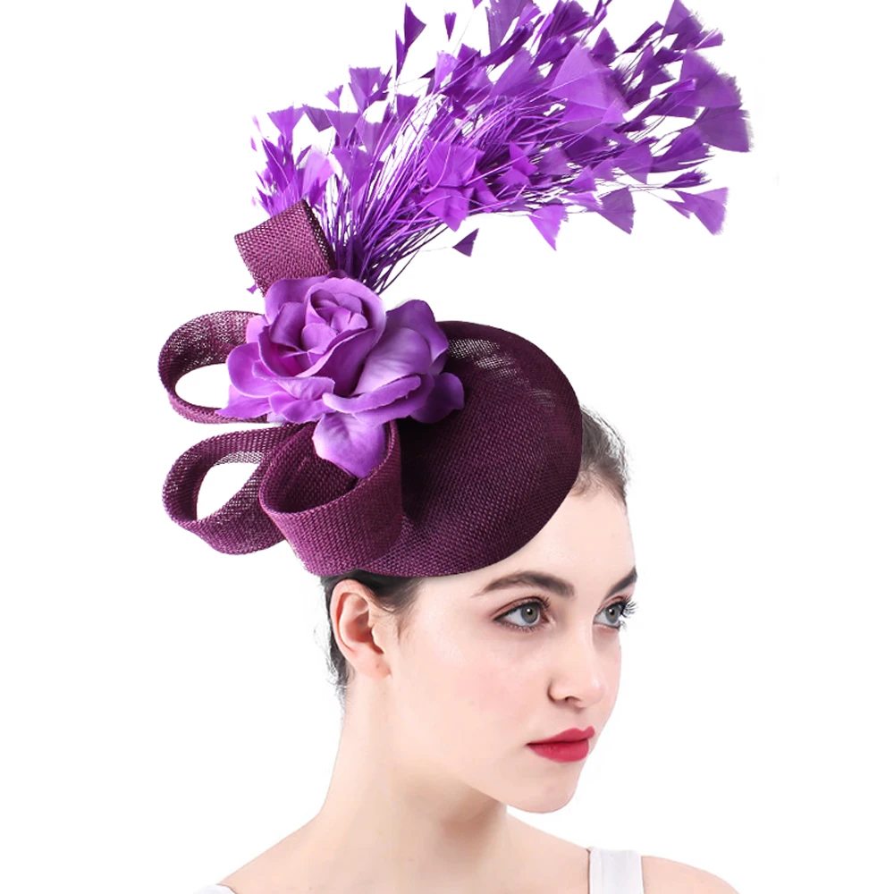 Tocado morado con flor rosa, elegante pastillero para bodas, hermoso sombrero Derby de fiesta de lujo para mujer, sombrero de boda