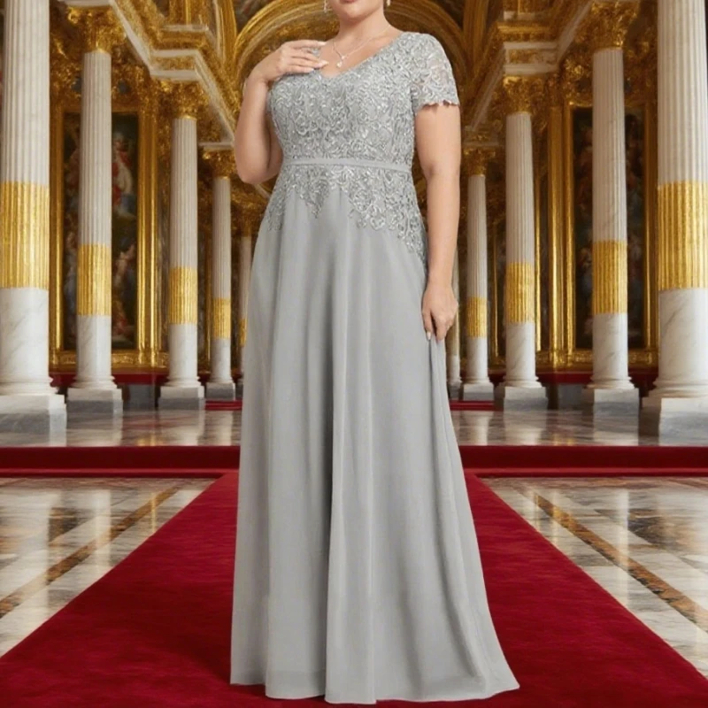 

Mother of Bride Dresses Short Sleeve Silver Scoop Party Dresses for Women Summer New Chiffon Beach Robe De Soirée