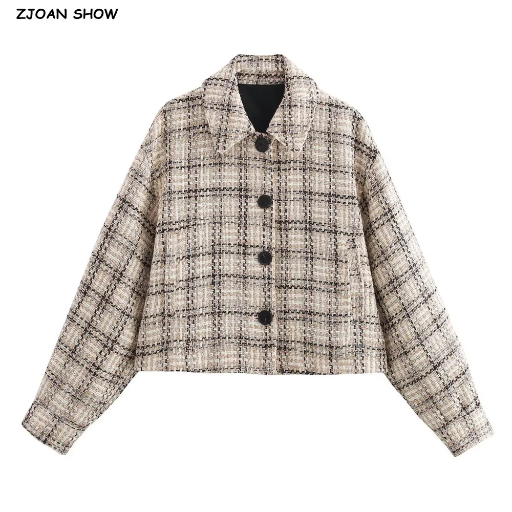 2026 Autumn Women's Khaki Lapel Collar Long sleeve Tweed Weave Jackets Single-breasted Buttons Loose Short Coat Charge Outerwear