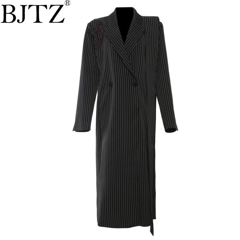 

BJTZ Striped Patchwork Irregular Ribbon Handmade Flower Long Suit Jacket For Women 2025 Spring And Autumn New Item