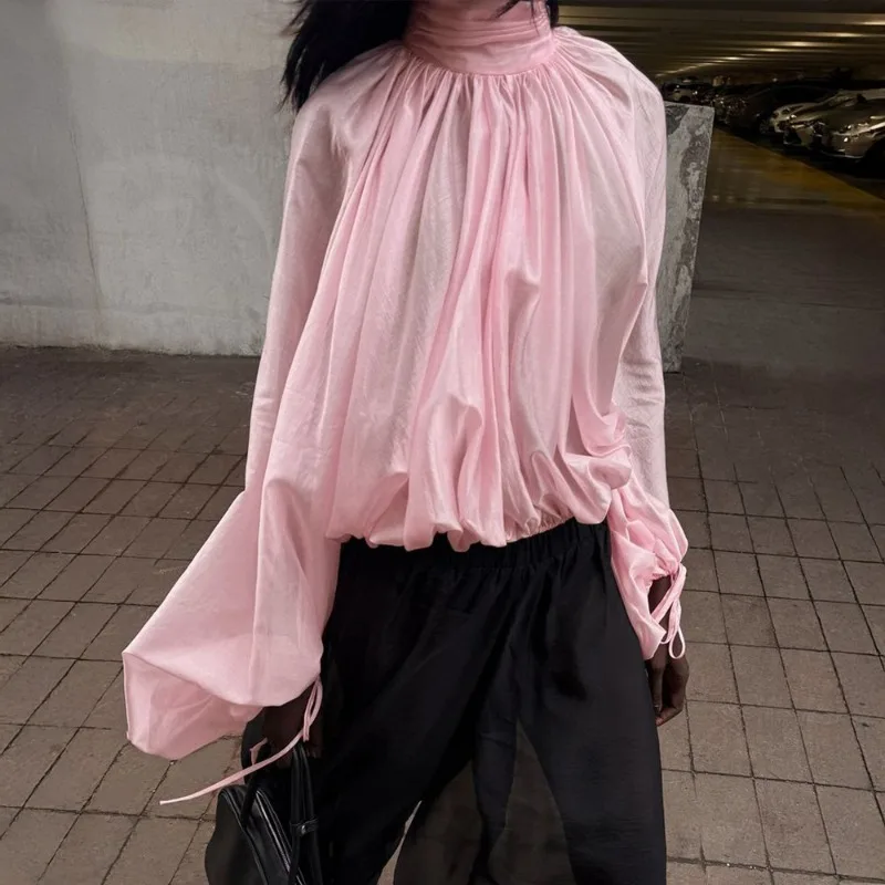 

Ticketsx Women's See Through Shirts Fashion High Neck Ruched Patchwork Loose Blouses Elegant Spring New Streetwear Female Shirt