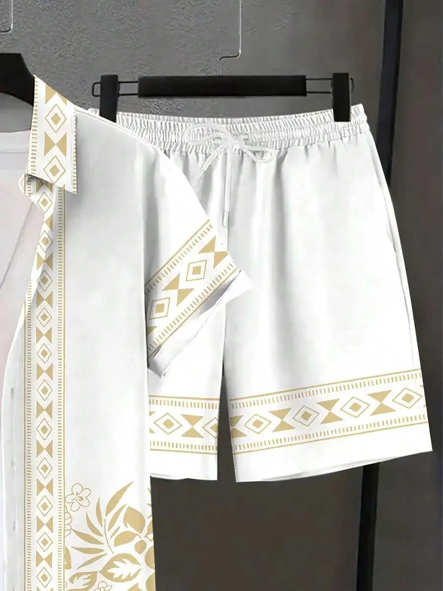 Mens Lapel Shirt And Beach Shorts Set White With Geometric Pattern Casual Summer Outfit