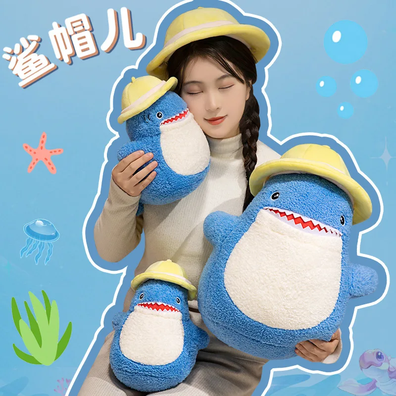 Cute Shark Plush Toy with Yellow Hat, Soft Blue Shark Stuffed Animal, Cartoon Shark Pillow for Kids Great Gift for Ocean Lovers