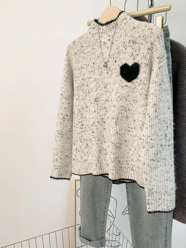 Half High Collar Women\'s Knitted Sweater Fashion Long Sleeve Love Heart Loose Top Lazy Style Casual Pullover Sweater