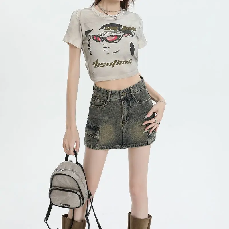 

Summer Fashion Women's Casual High Waist Loose Mini Sexy Street Versatile Skirt American Retro Nostalgic A-Line Denim Skirt New