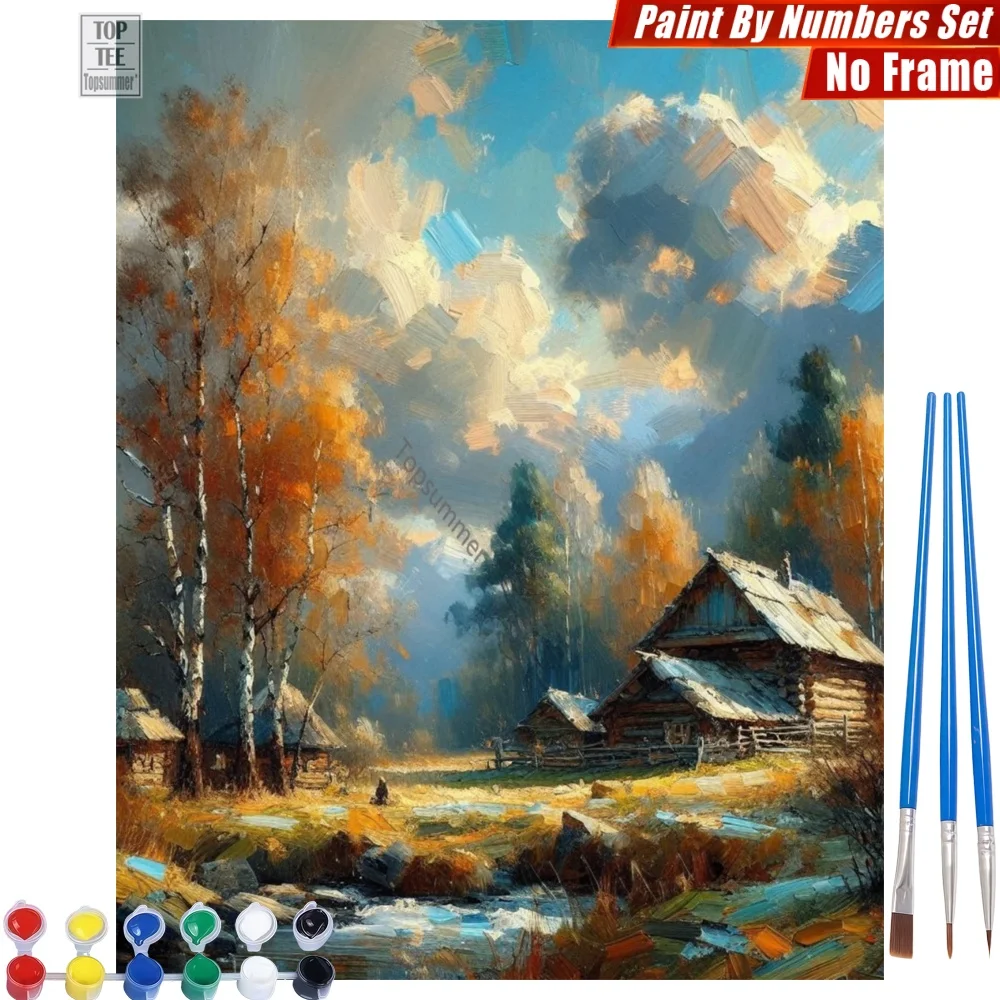 Kit de Pintura al Óleo Digital DIY de Paisaje Otoñal Tranquilo - Cabañas de Madera junto al Río, Regalo del Día de la Madre para Esposa