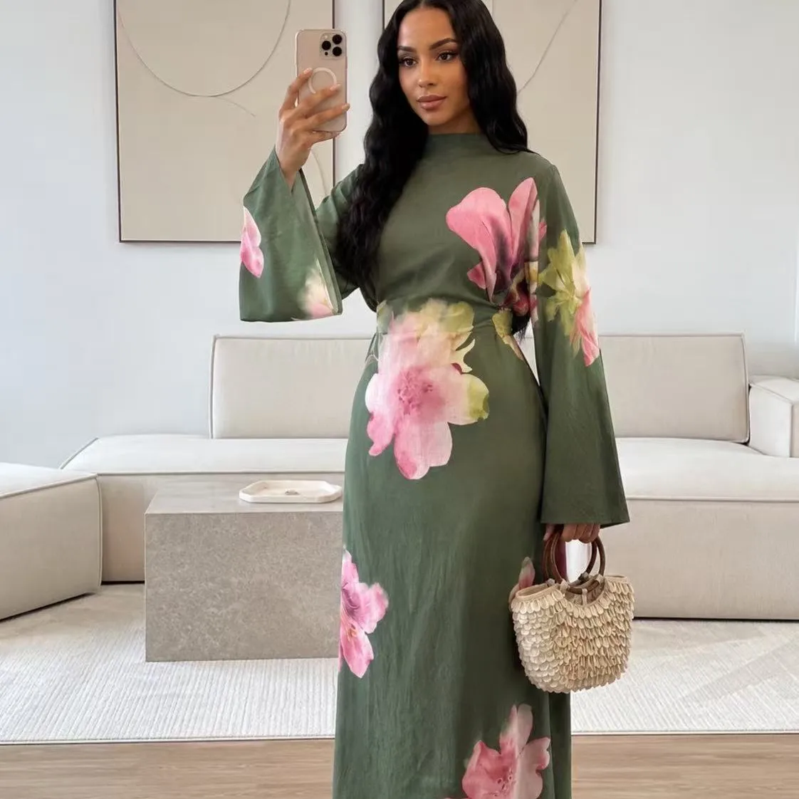 Women's Summer Floral Abaya Dress with Self-Tie Waist Long Sleeve Elegant Modest Muslim Kaftan Dubai Luxury Outfit for Eid 2026