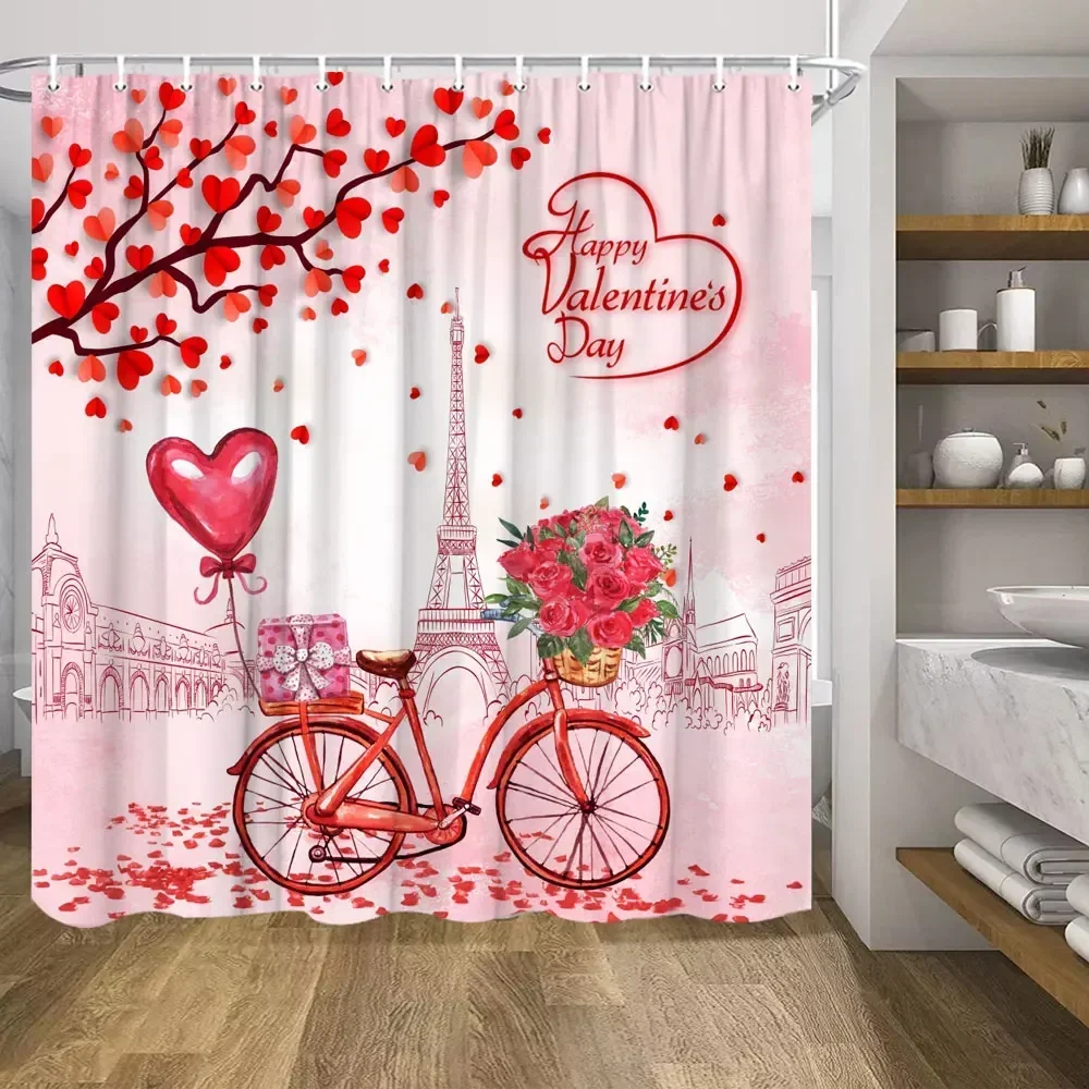 Valentine's Day Shower Curtain, Red Roses Pink Balloons Love Tree Bicycle Romantic Truck Polyester Printed Fabric Bathroom Decor