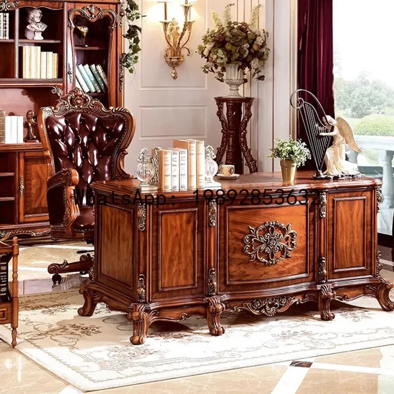 

XL American Carved Desk European Luxury Boss All Solid Wood Villa Executive Desk Study Office Chair Computer Desk