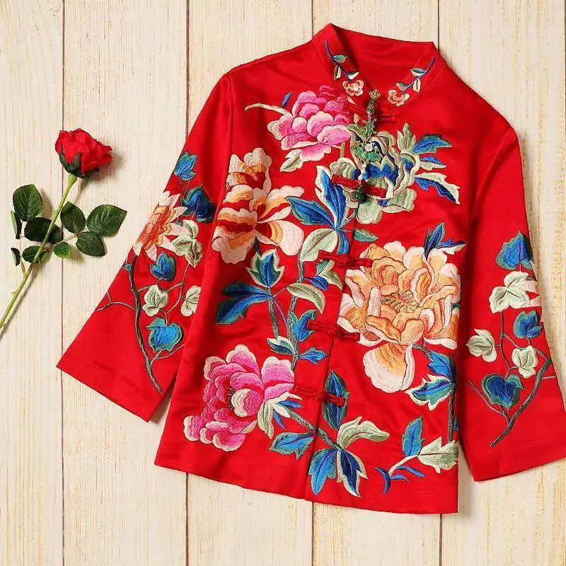 Chaqueta de traje Tang Vintage bordada con flores de peonía para mujer, manga larga, cuello alto suelto de un solo pecho, prendas de vestir