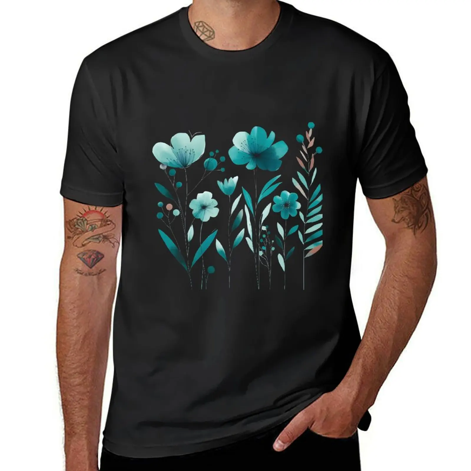 Turquoise Floral Design T-Shirt oversized graphics summer tops vintage heavyweight t shirts for men