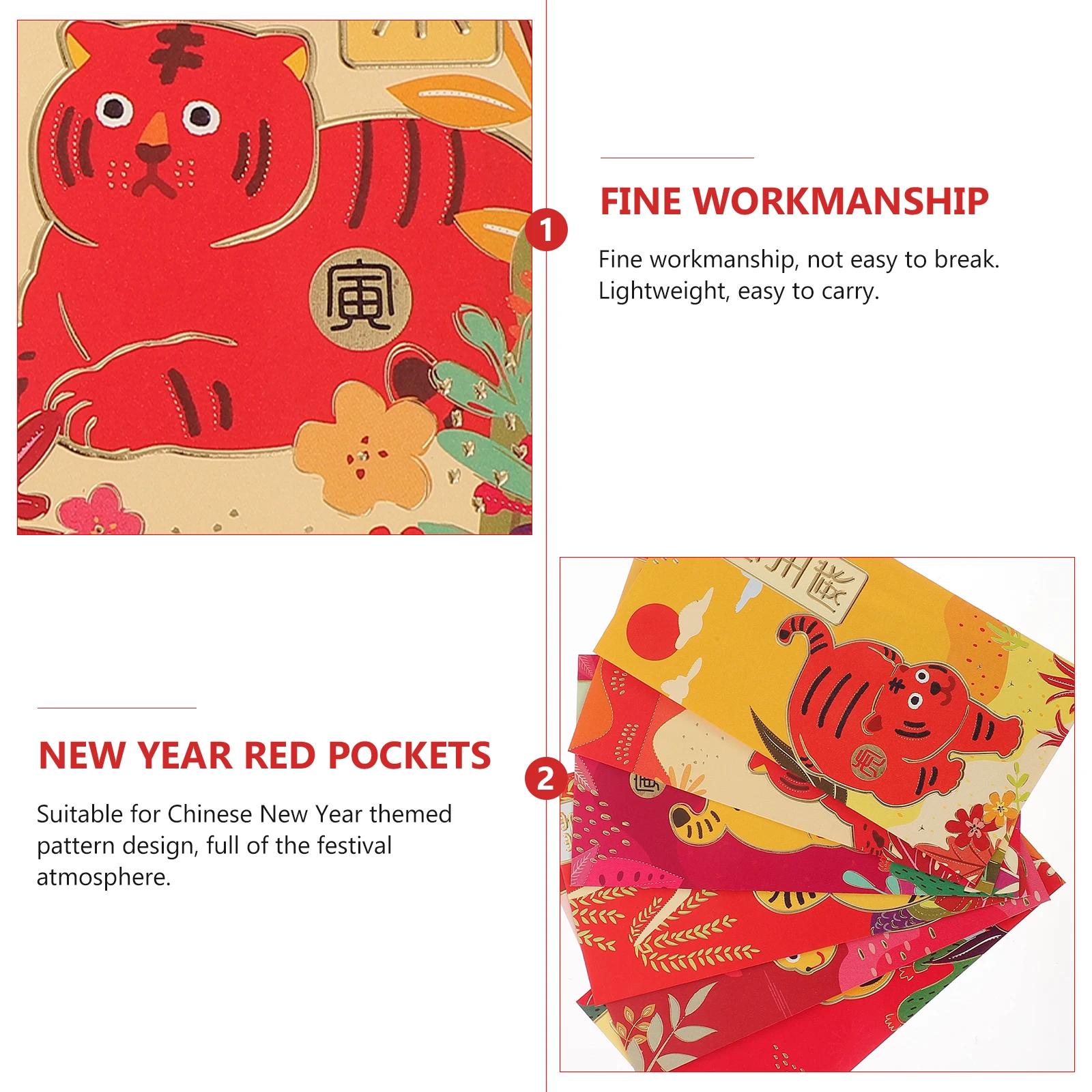 

36pcs Long Red Envelopes Chinese Style Lucky Money Packets New Year Gifts Tiger Design Paper Envelopes Lightweight Art