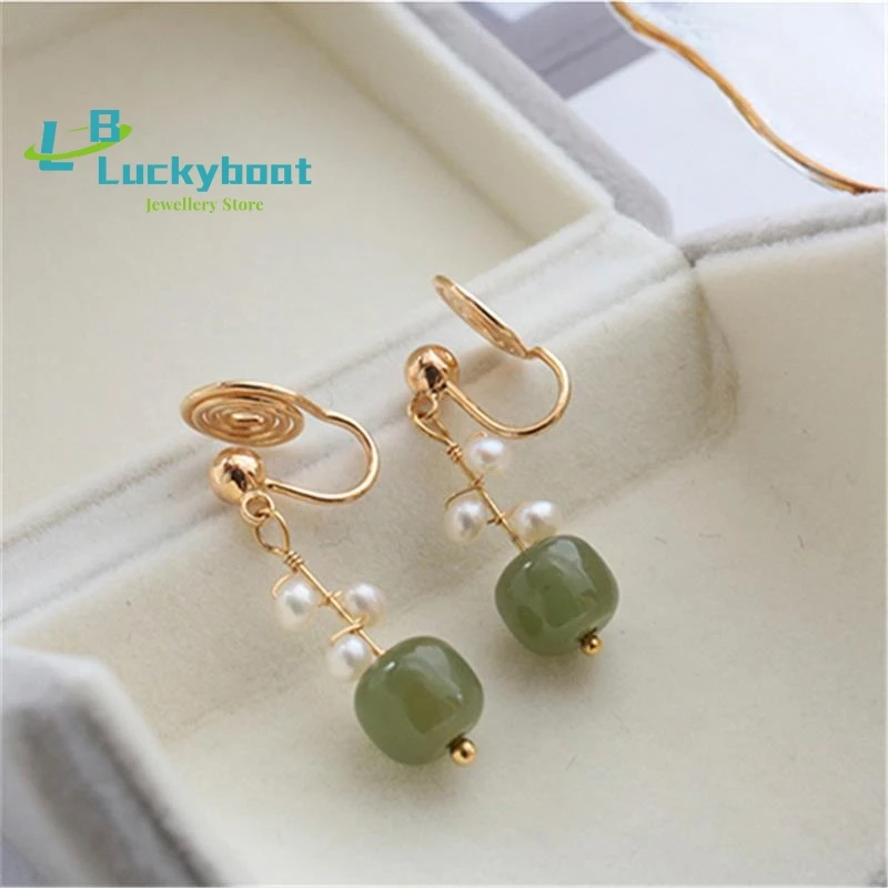 Natural Hetian Jade Earring Women Temperament High Grade Luxury Ear Studs Mosquito Coil Ear Clips Female Fine Pearl Jewelry