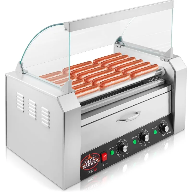 Electric 18 Hot Dog 7 Roller Grill Cooker Machine with Bun Warming Drawer and Cover - Commercial Grade