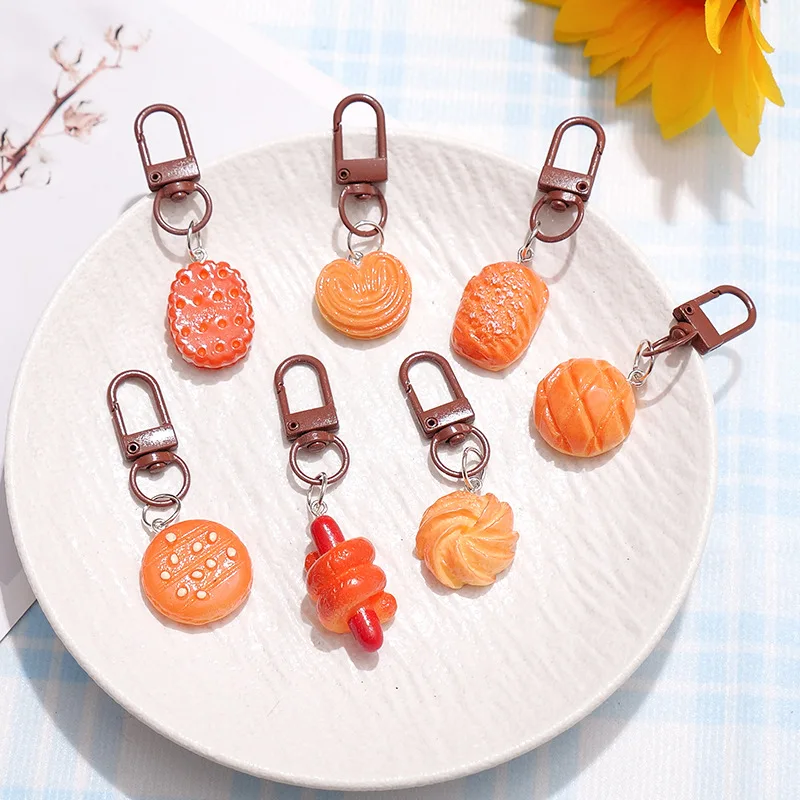 Cute Simulation Food Resin Keychain Fashion Cake Roll Bread Keyrings For Women Girls Kids Handbag Pendant Lovely Bag Phone Charm