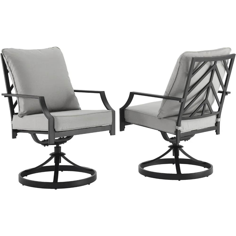 Outdoor Metal Dining Swivel Chairs, Set of 2, Matte Black with Gray Cushions