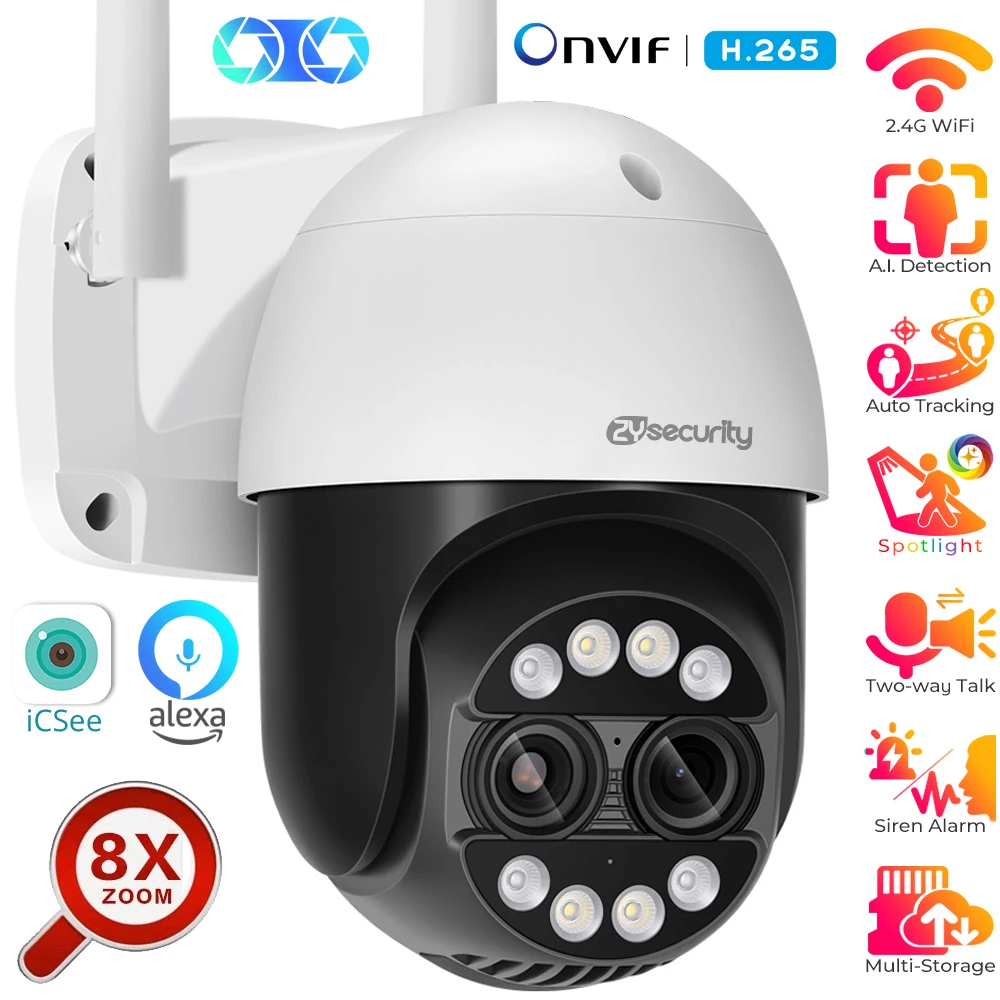 

8MP Dual Lens Security Camera WiFi PTZ Surveillance Camera Outdoor Auto Tracking 8X Hybrid Zoom 2-Way Audio 360° View CCTV Cam