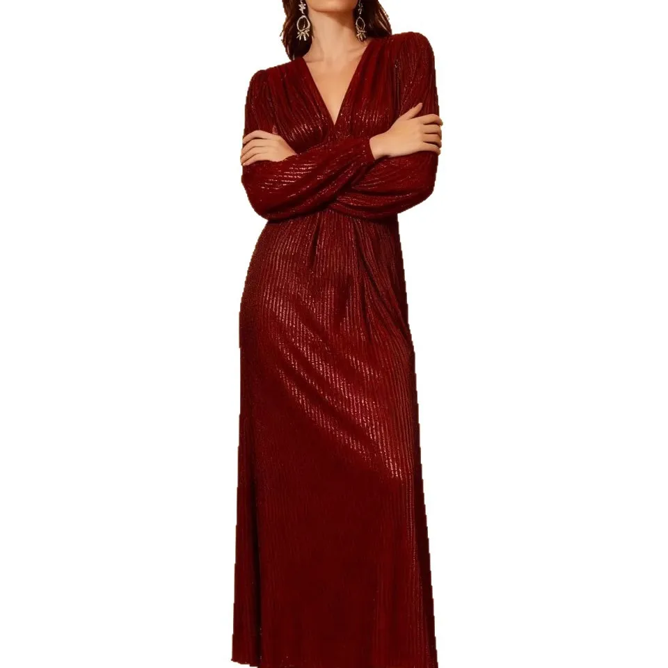 2025 invierno nueva exportación Rhinestone elegante cuello en V gran banquete vestido largo de noche