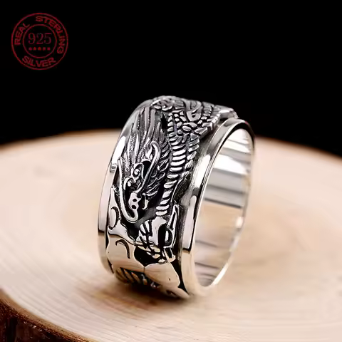 Handmade 12mm Width Real S925 Sterling Silver Lucky Dragon Double Layer Rotatable Closed Dragon Ring For Man Woman Fine Jewelry