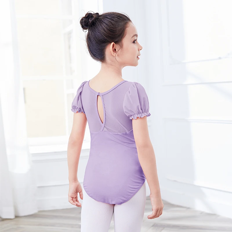 Justaucorps de ballet à manches bouffantes pour filles, vêtements de danse épissure en maille, costume de batterie de ballet, olympiques de danse pour enfants, ensemble