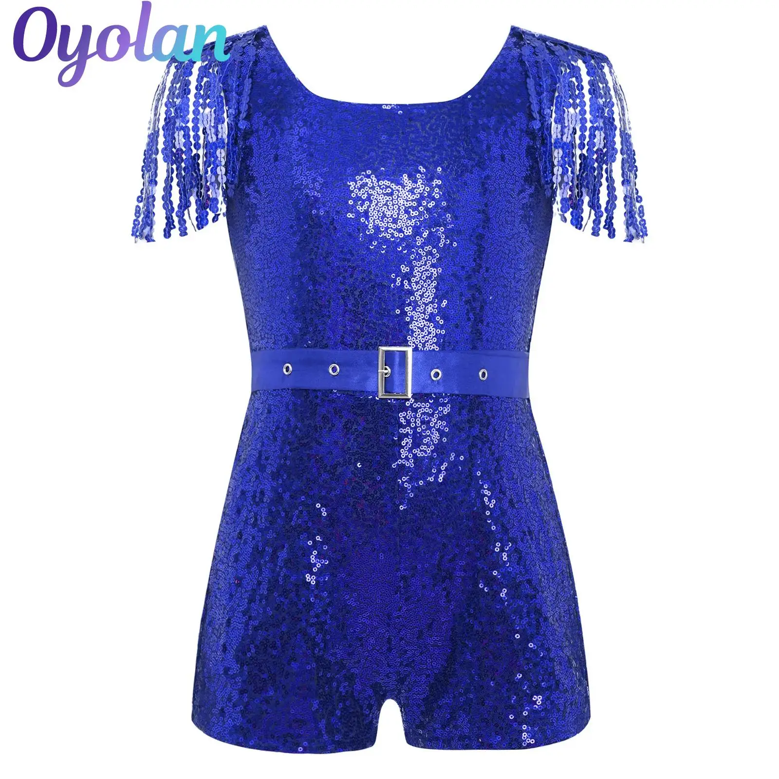 

Kids Girls Gymnastics Ballet Leotards Shiny Sequins Shorts Rompers with Adjustable Waist Belt Jazz Hip Hop Tassels Jumpsuit