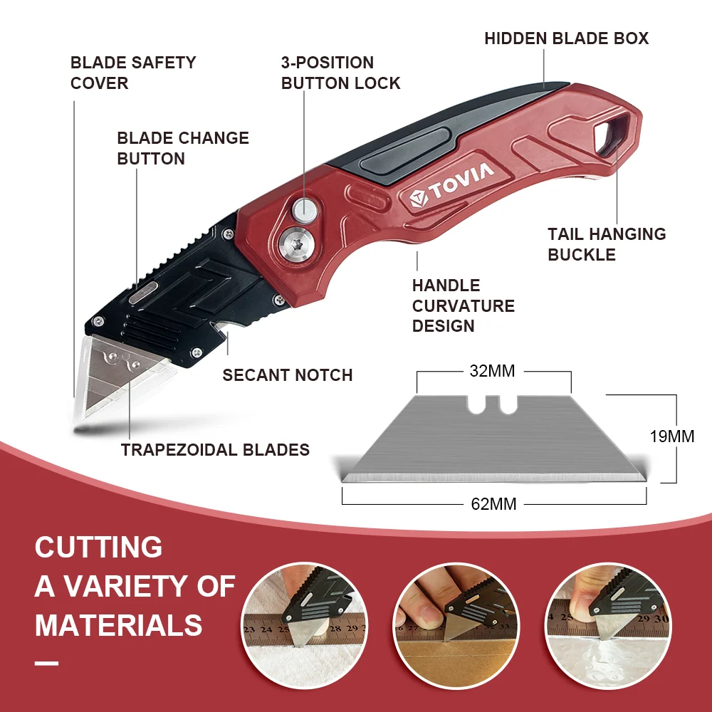 T TOVIA Folding Utility Knife Box Cutter, 3-Position Blades, Blade Storage Design with Extra 3 Blades, Box Knife for Cartons