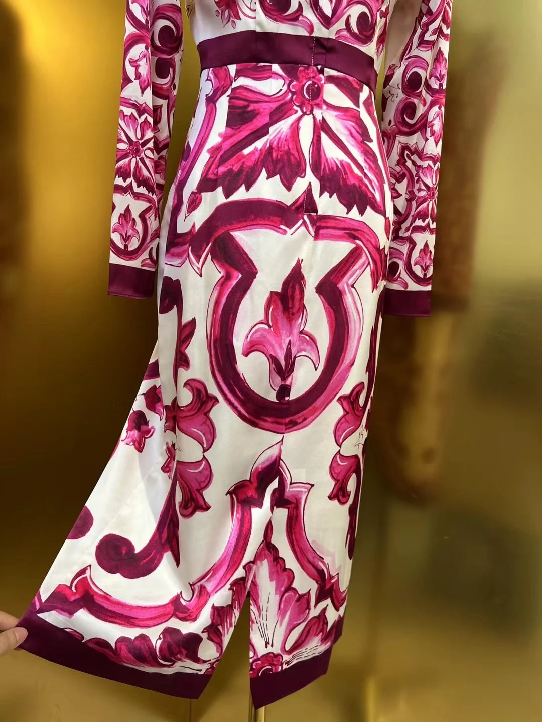 Ele Long Sve zijdesatijn Dr Faionable rode bloem porselein serie 6 Momme elastische geweven jurk voor dames