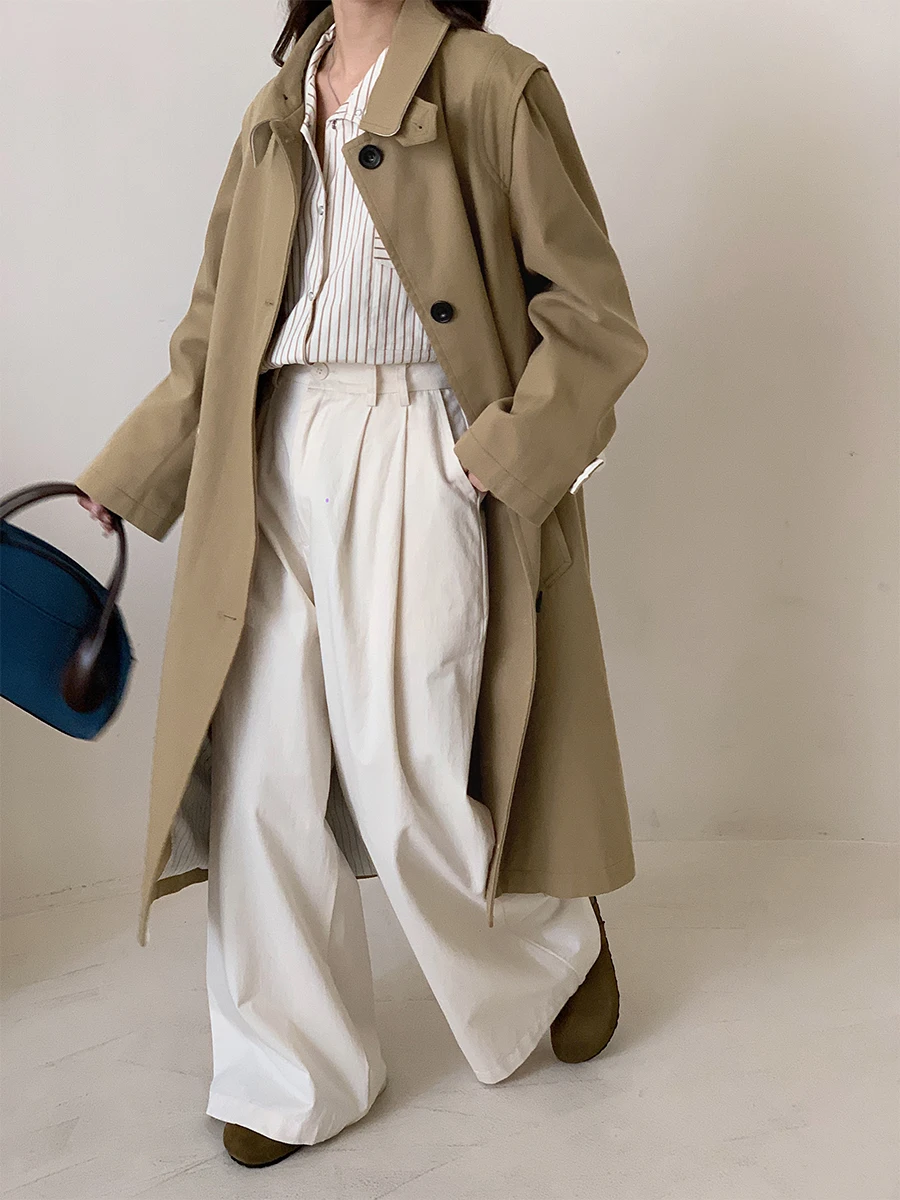 

Женское пальто Uniko цвета хаки в стиле ретро, весна-осень, новое, в корейском стиле, свободного кроя, с эффектом высокого класса, длинное, с воротником-стойкой