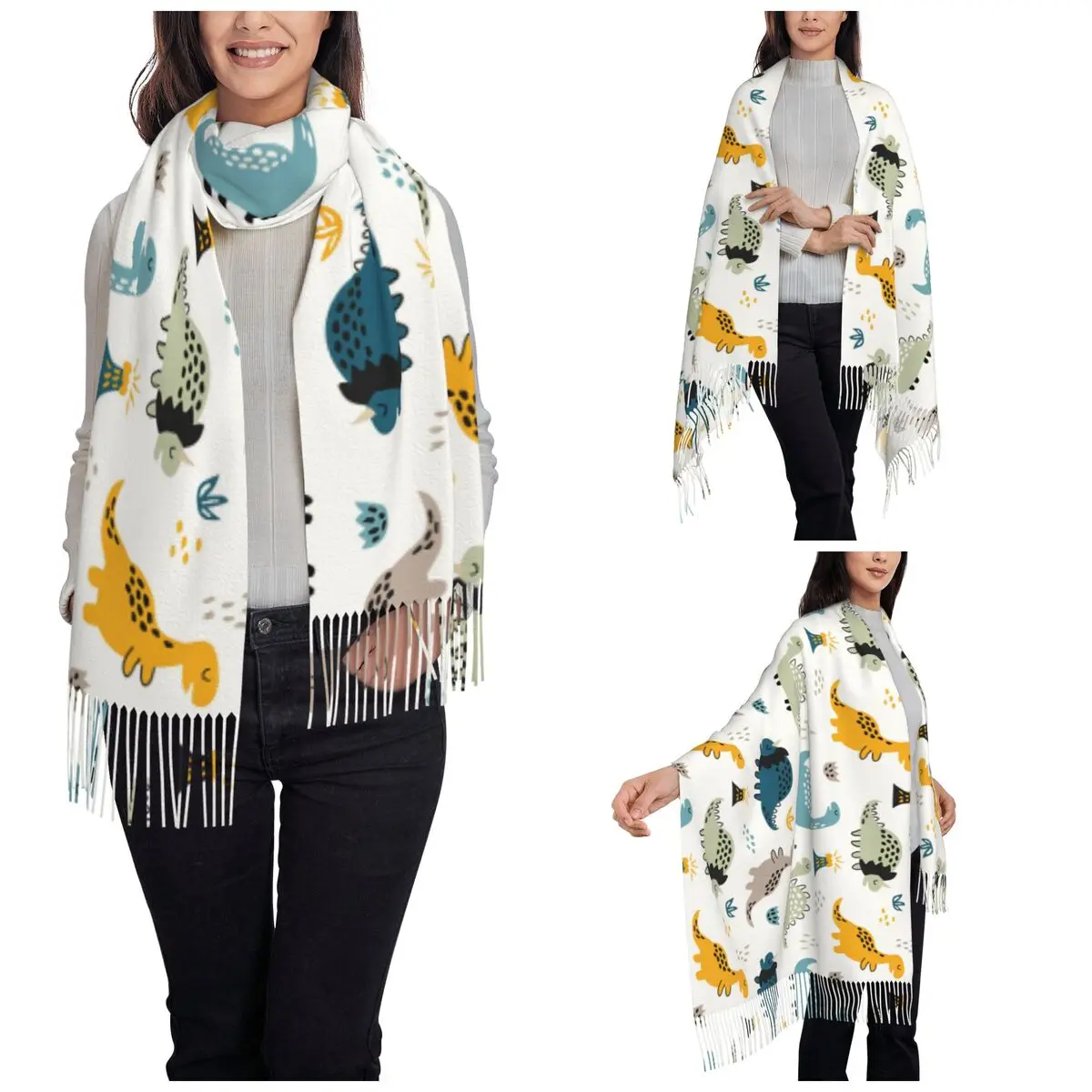 Cartoon Various Dinosaurs Shawl Wraps for Ladies Winter Warm Long Soft Scarf Cute Lovely Animal Pashminas Shawl Scarves