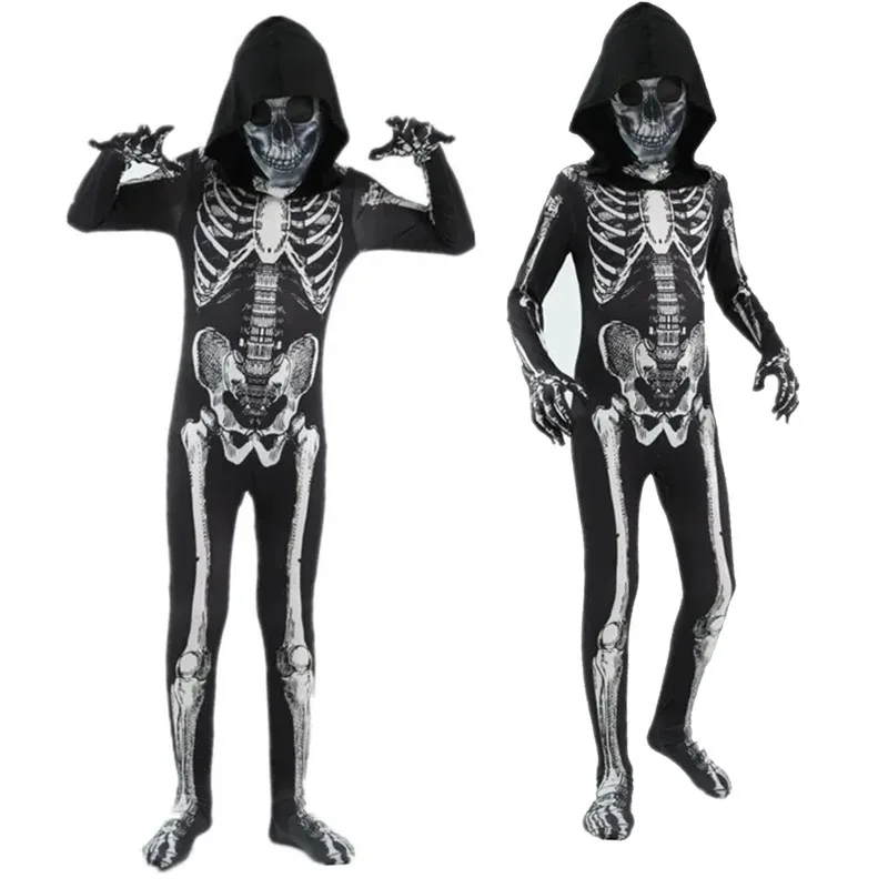 

Scary Halloween Horror Kids Hooded Costume Scary Skeleton Grim Reaper Costume Boys Spooky Costume Mardi Gras Party Costume