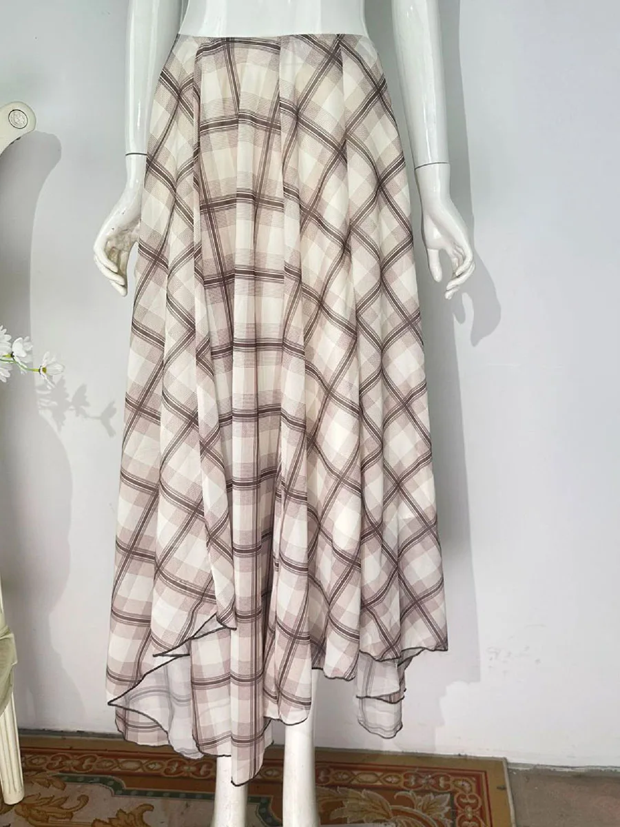 ไม่สม่ําเสมอ Hem ลายสก๊อต Midi กระโปรงผู้หญิงฤดูร้อนใหม่เอวสูง Vintage A-Line Faldas Streetwear แฟชั่นสบายๆกระโปรงยาว