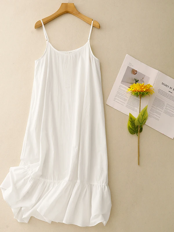 Summer Thin Cotton Linen Strap Dress Women's Base Layer White Color Block Sweet Style Long Skirt round Neckline No Sleeve