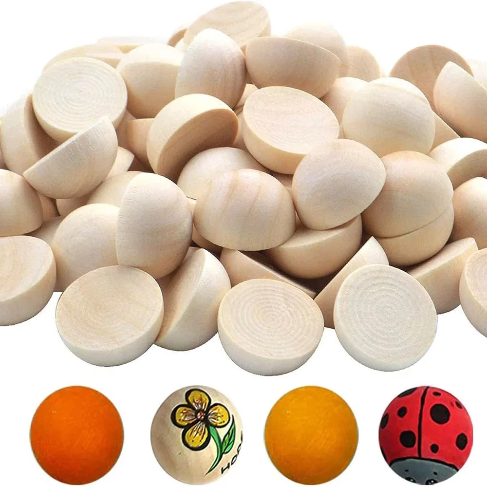 100PCS Natural Wood Beads Unfinished Split Half Round Ball12mm 15mm 20mm 25mm 30mm 35mm 40mm Craft DIY Paint Kid Arts Game Gifts