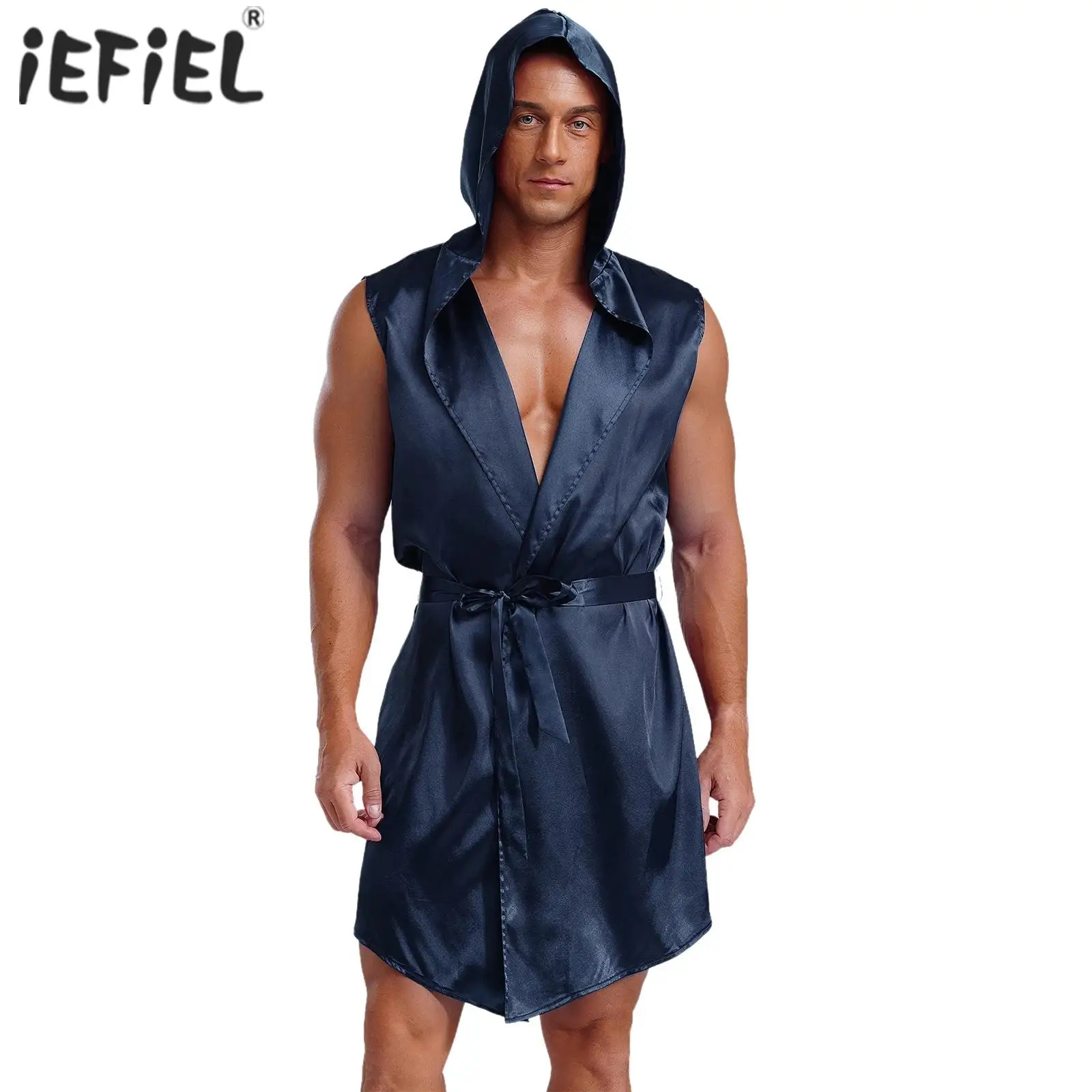 

Mens Pajama Robe with Belt Satin Hooded Sleeveless Open Front Lace Up Sleepwear Sissy Bathroom Robe Homewear Pajamas Tops Shirt