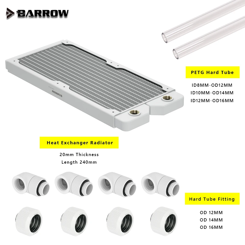 BARROW Water Cooling Liquid Heat Ex-changer 120/240/360mm Radiator Kit+PETG Hard Tube+Connector+90 Degree Rotary Fitting G1/4''