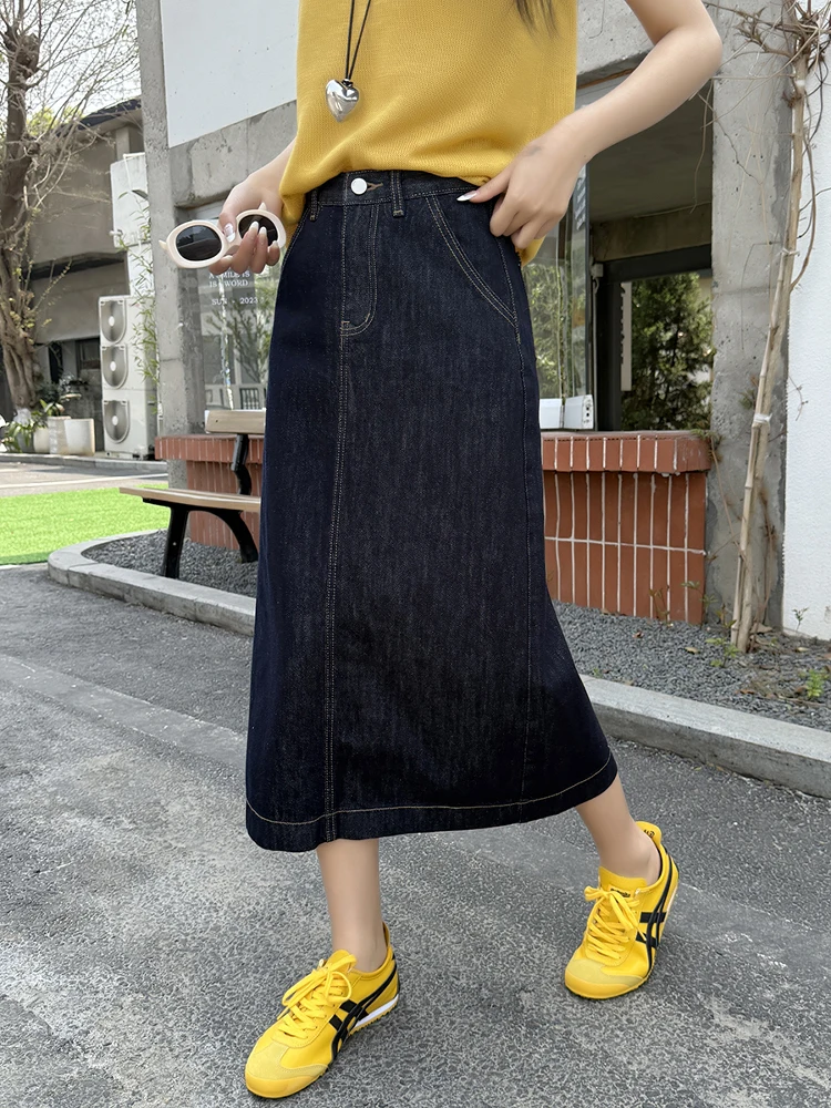 

Джинсовая юбка Deep Blue Ba Slit для женщин, летняя, тонкая, А-силуэт, утягивающая, миди, с высокой талией, из смесового хлопка и полиэстера, в корейском стиле