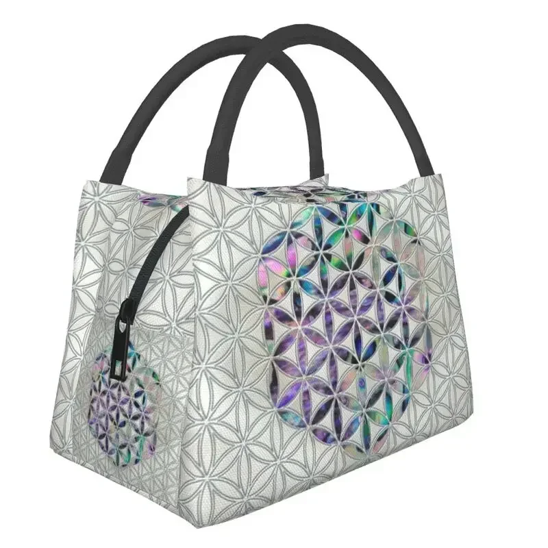 

Flower Of Life Abalone Shell On Pearl Insulated Lunch Tote Bag for Women Geometric Mandala Portable Cooler Thermal Bento Box