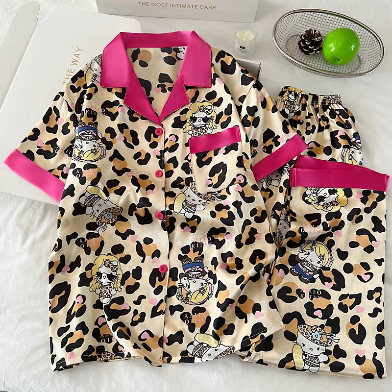 

Корейский леопардовый пижамный комплект Hello Kitty из искусственного шелка, осенний топ с короткими рукавами, длинные брюки, осенняя домашняя одежда с героями мультфильмов, женская домашняя одежда ​